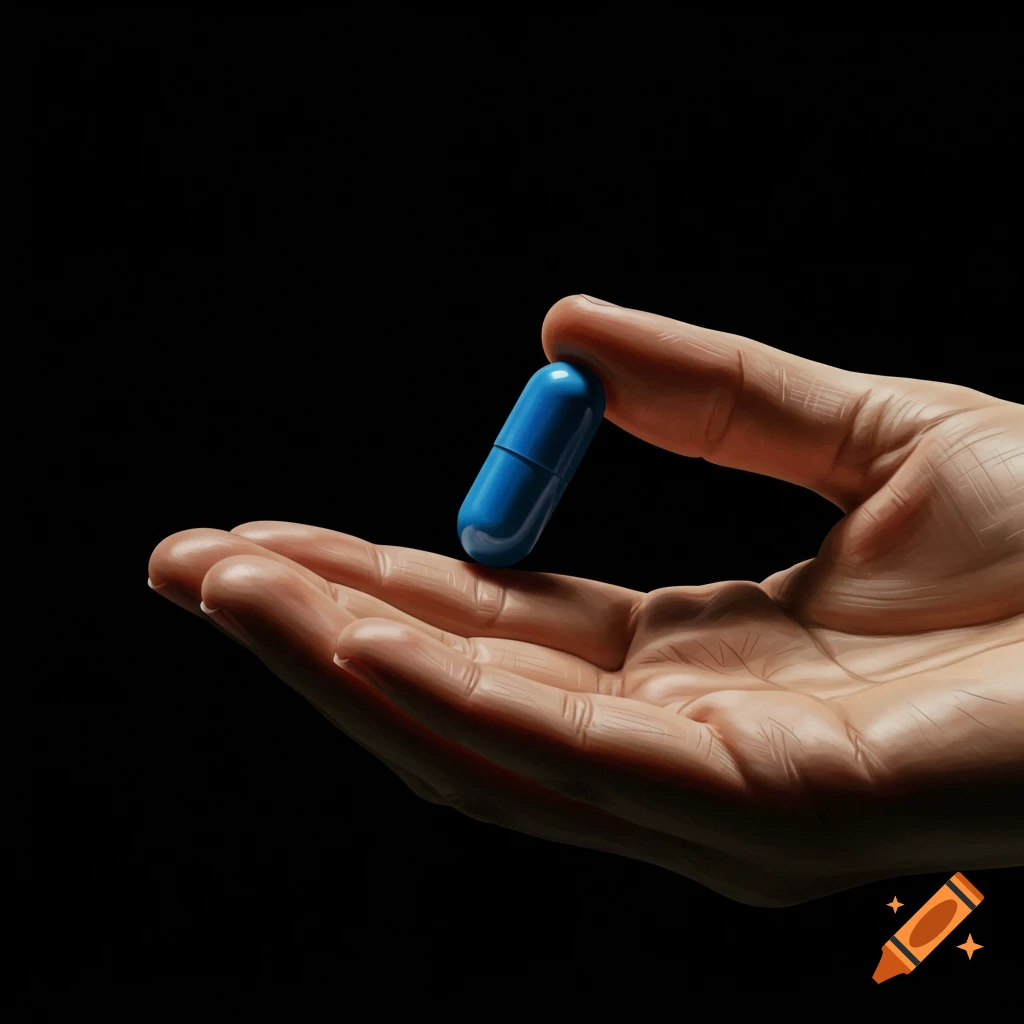 A photorealistic close-up of a human hand holding a single bright blue pill against a deep black background.