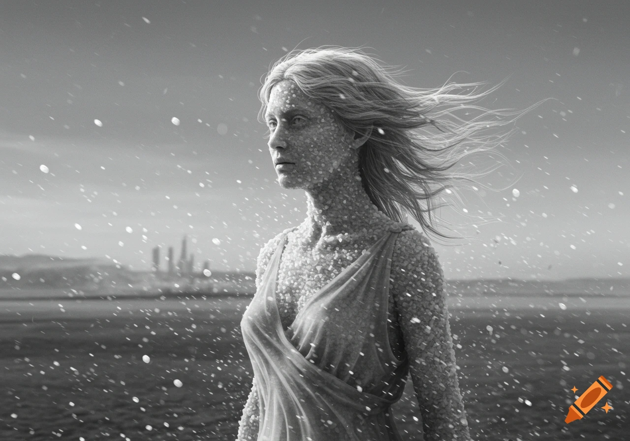 A monochrome photorealistic portrait of a woman turning into a pillar of salt, standing in a barren landscape with blurred city and falling grains.