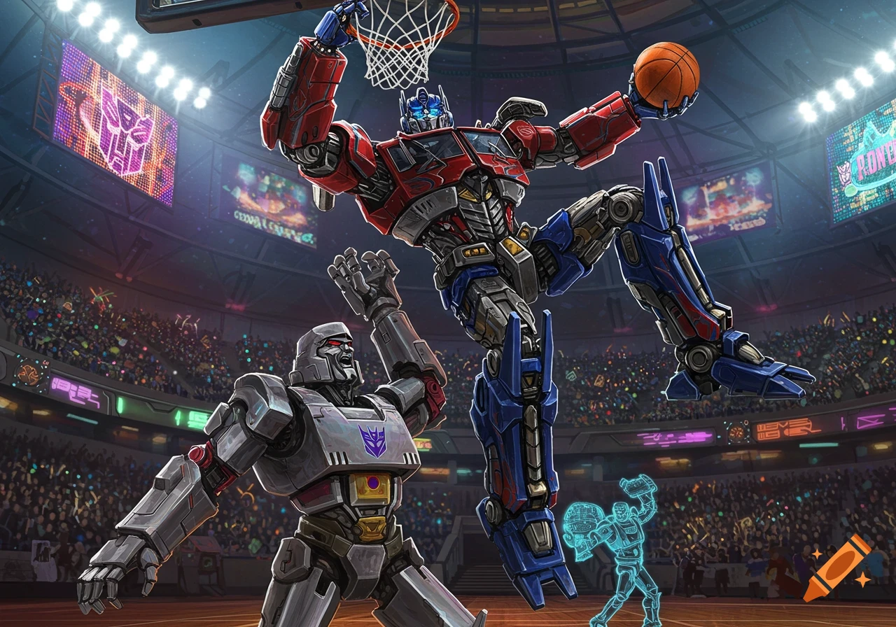 Optimus Prime dunks a basketball over Megatron in a bright stadium with spectators, comic art.