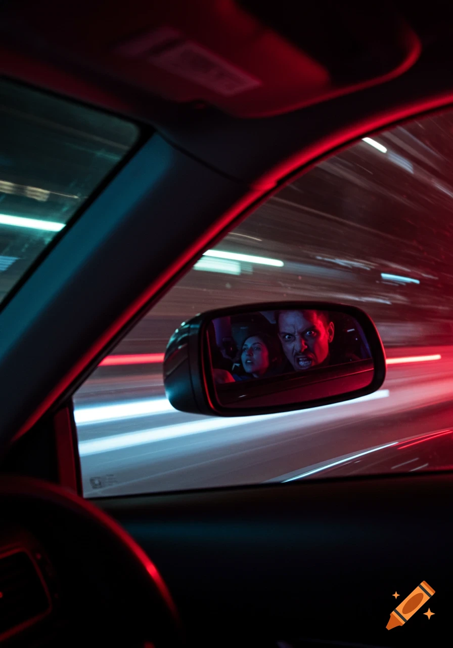 View from inside a car at night, a rearview mirror showing an angry man driving and a scared woman, with motion-blurred city lights.