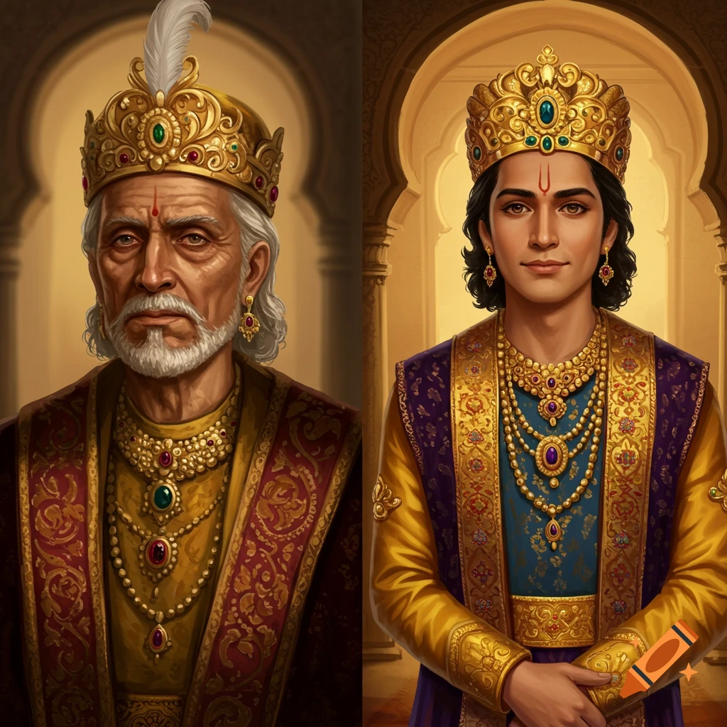 Detailed illustrative portrait of an old, wrinkled king and a young, content king in opulent Indian royal attire with crowns and jewelry.