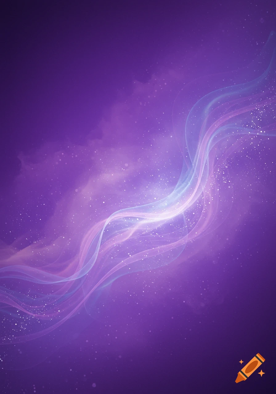 Abstract purple background with ethereal flowing light waves and sparkling particles.