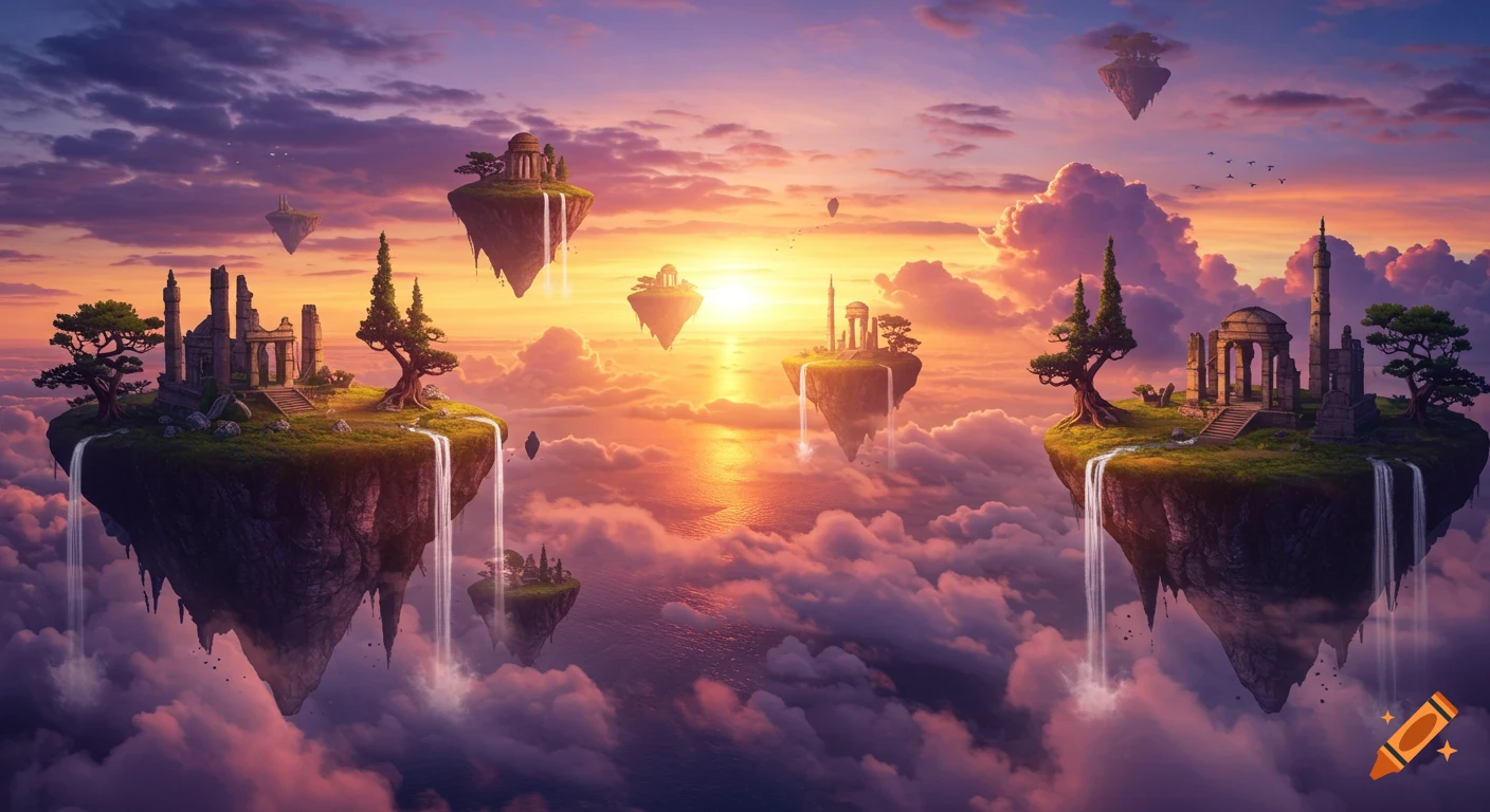 Multiple Floating Islands Vibrant fantasy landscape depicting multiple floating islands with ...