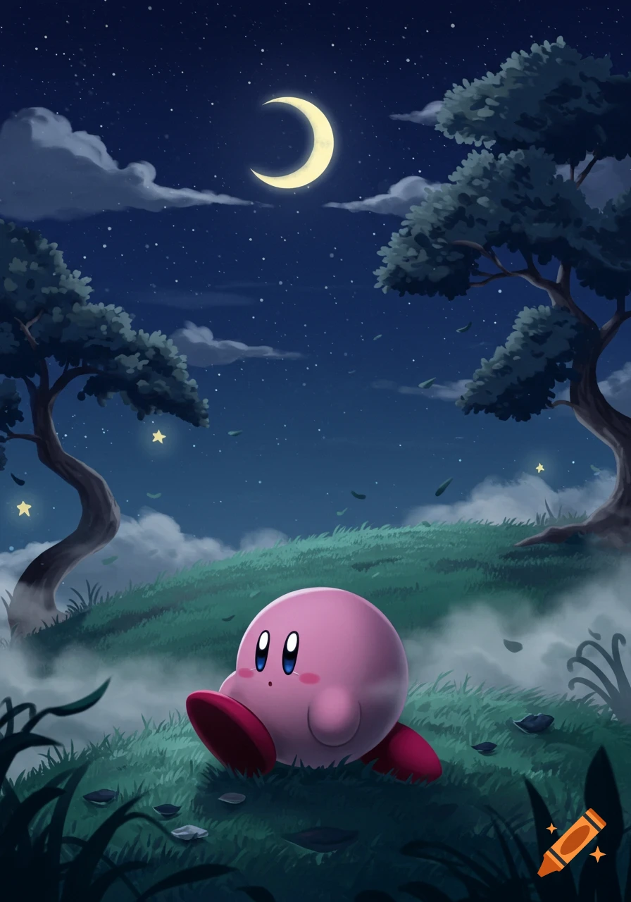Kirby sits on a misty green hill under a crescent moon and starry night sky, flanked by stylized trees, in a cartoon illustration style.