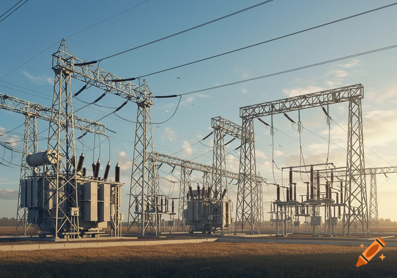 Photorealistic image of an electrical substation with power lines and transformers in an open field under a blue sky.