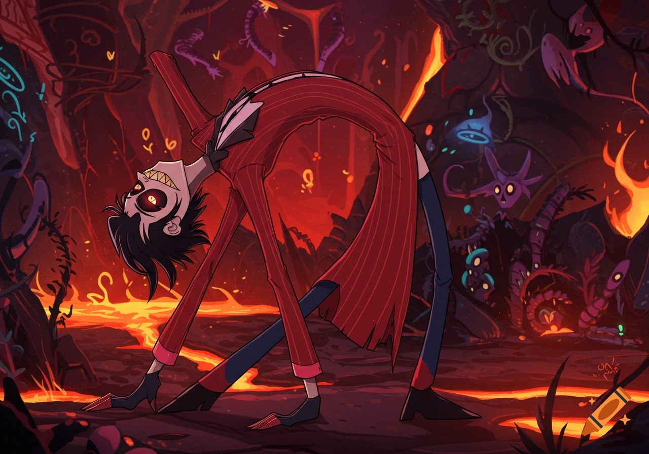 A character in a red pinstriped coat bends backward, grinning with sharp teeth and glowing eyes, in a hellish landscape in Hazbin Hotel style.