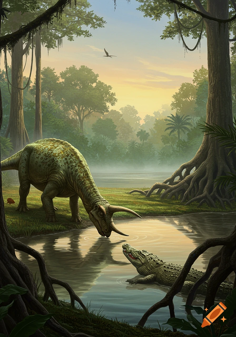 A green horned dinosaur drinks from a misty swamp while a crocodile watches, surrounded by large jungle trees.