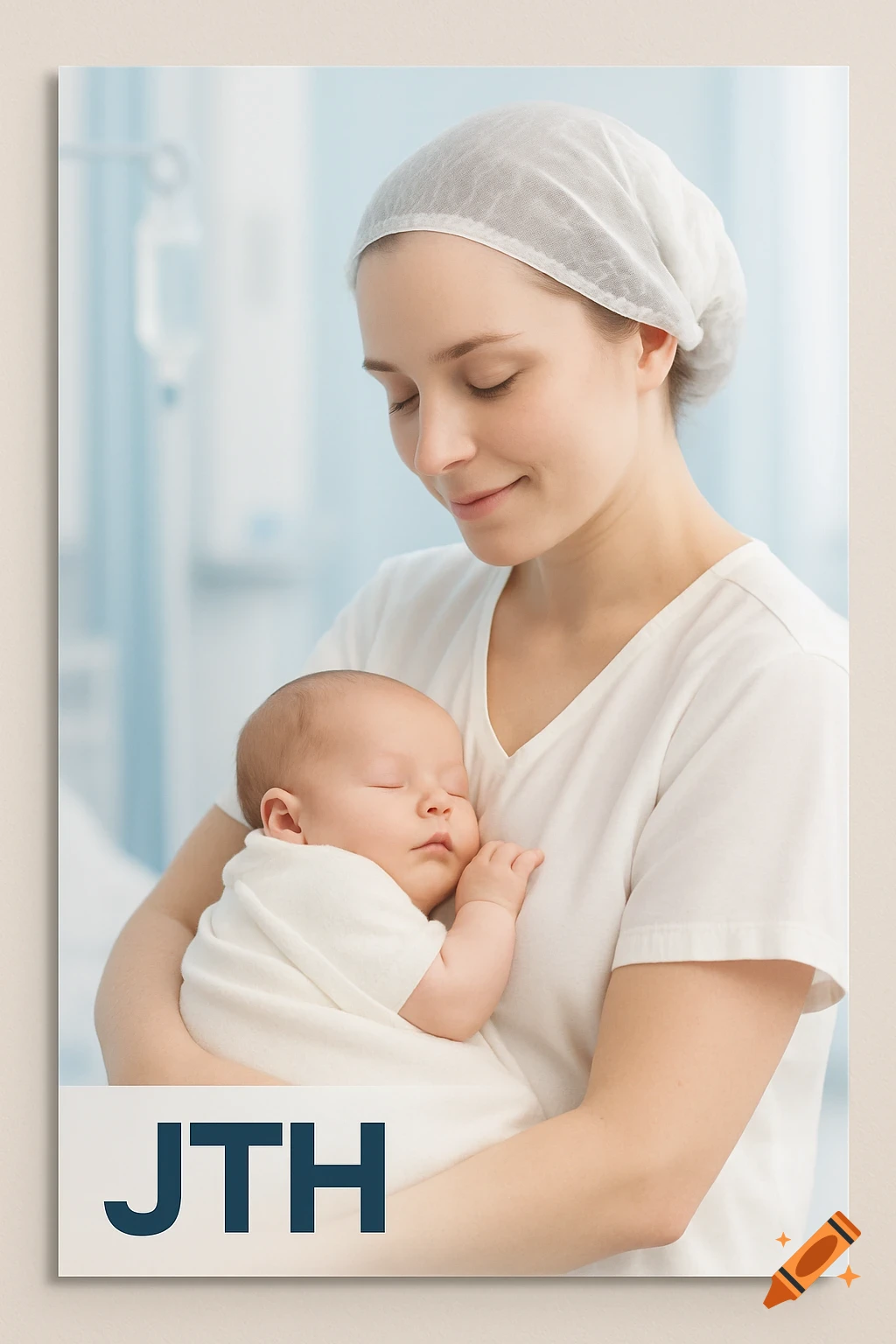 A mother in a medical cap gently cradles her sleeping newborn baby in a hospital room, with a JTH logo in the foreground. Photorealistic medical advertisement.