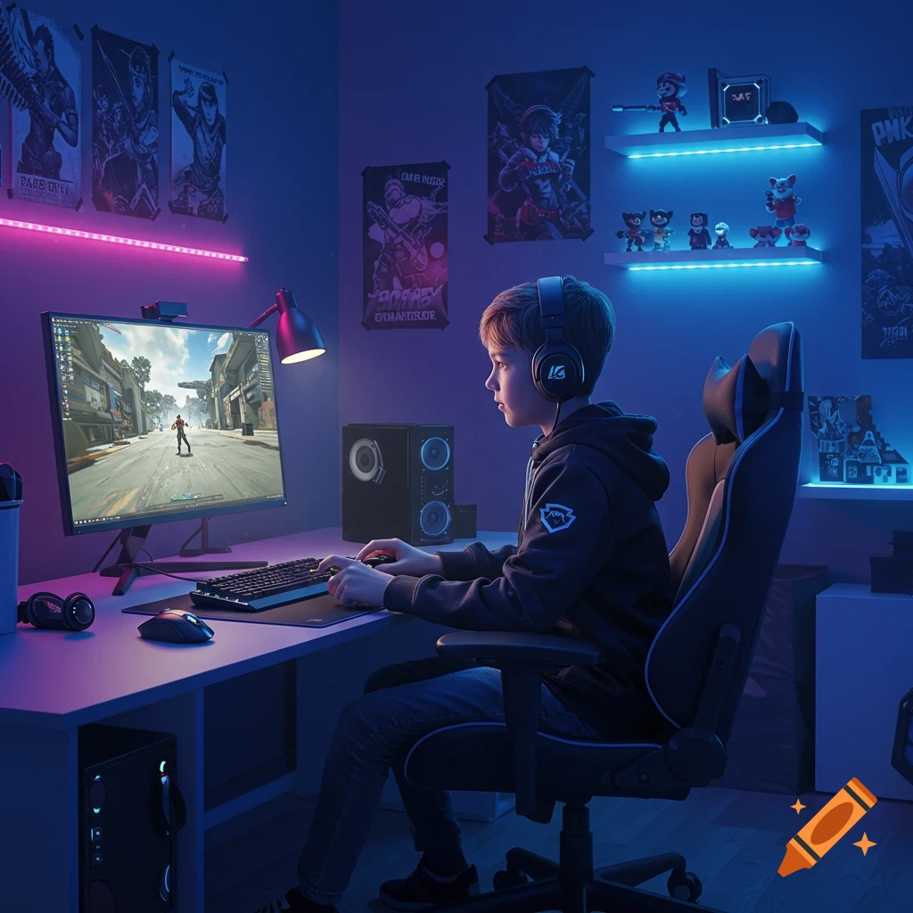 A boy wearing headphones plays a video game at a computer desk in a neon-lit room with posters.
