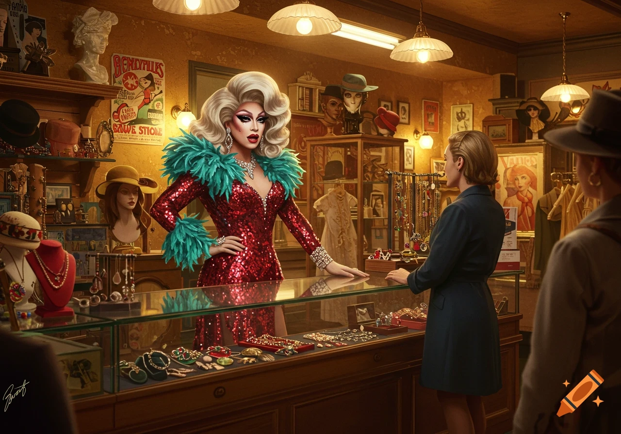 A glamorous drag queen in a red sequin dress with a teal feathered boa stands behind a shop counter, interacting with a customer.