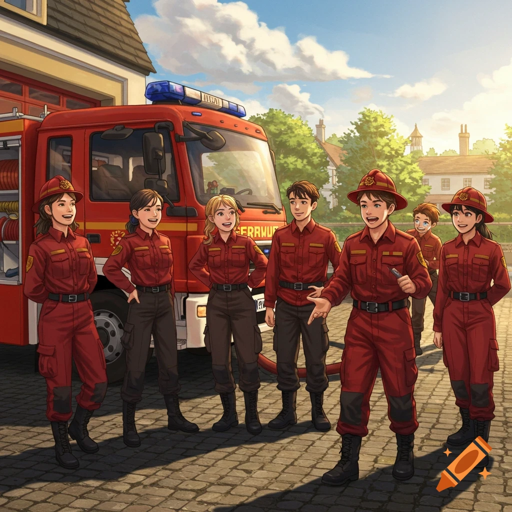 Smiling fire brigade youth in red uniforms stand before a red fire truck outside a station on a sunny day, cartoon style.