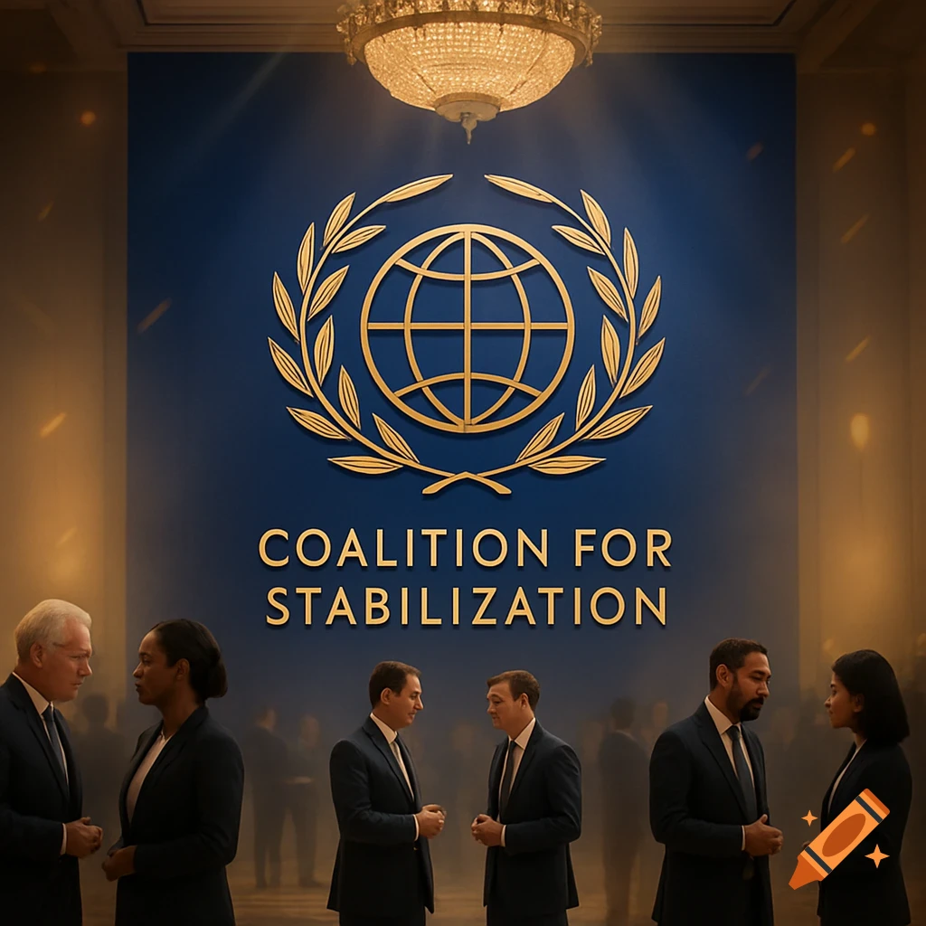 People in suits converse in a grand hall with a blue 'COALITION FOR STABILIZATION' banner and gold logo.