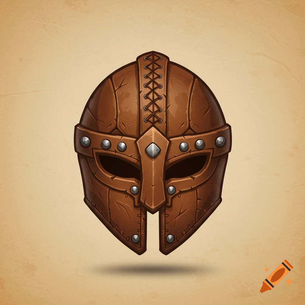 A stylized brown leather helmet with metal rivets and lacing, set against a beige textured background.