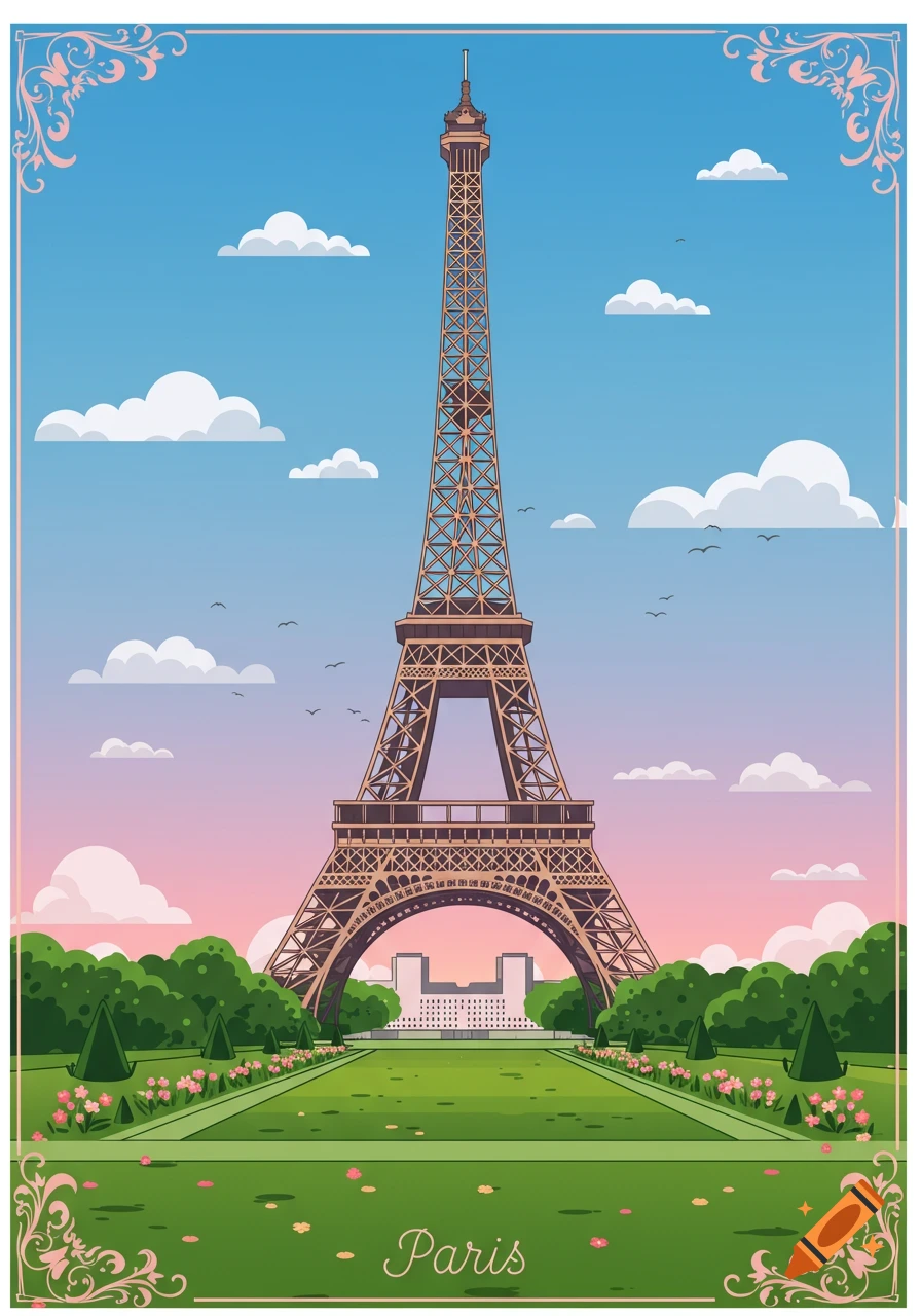 Vector art illustration of the Eiffel Tower in Paris, surrounded by green lawns and trees under a pink and blue sky, with an ornate frame, and the word 'Paris'.