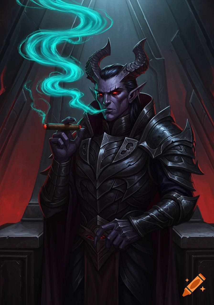 A horned dark elf in ornate black armor with glowing red eyes smokes a ...