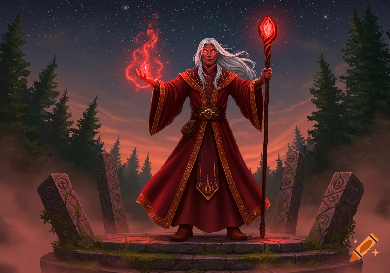 A powerful red wizard with white hair and glowing red eyes stands on a stone platform, casting a red magic spell with a staff at dusk.