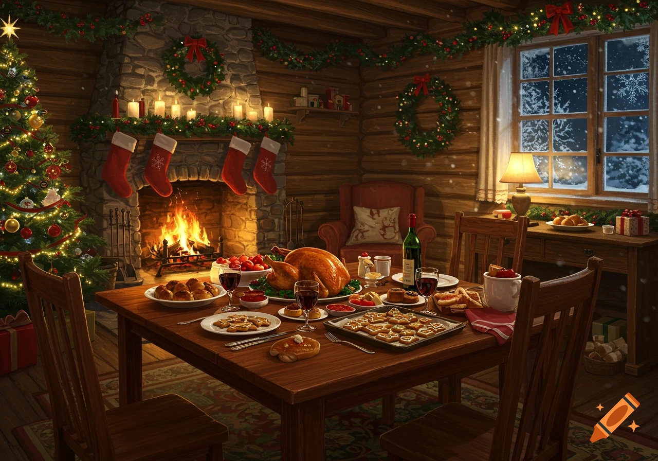 Cozy Christmas dinner table with roasted turkey, cookies, and wine, set in a log cabin with a fireplace and decorated tree.