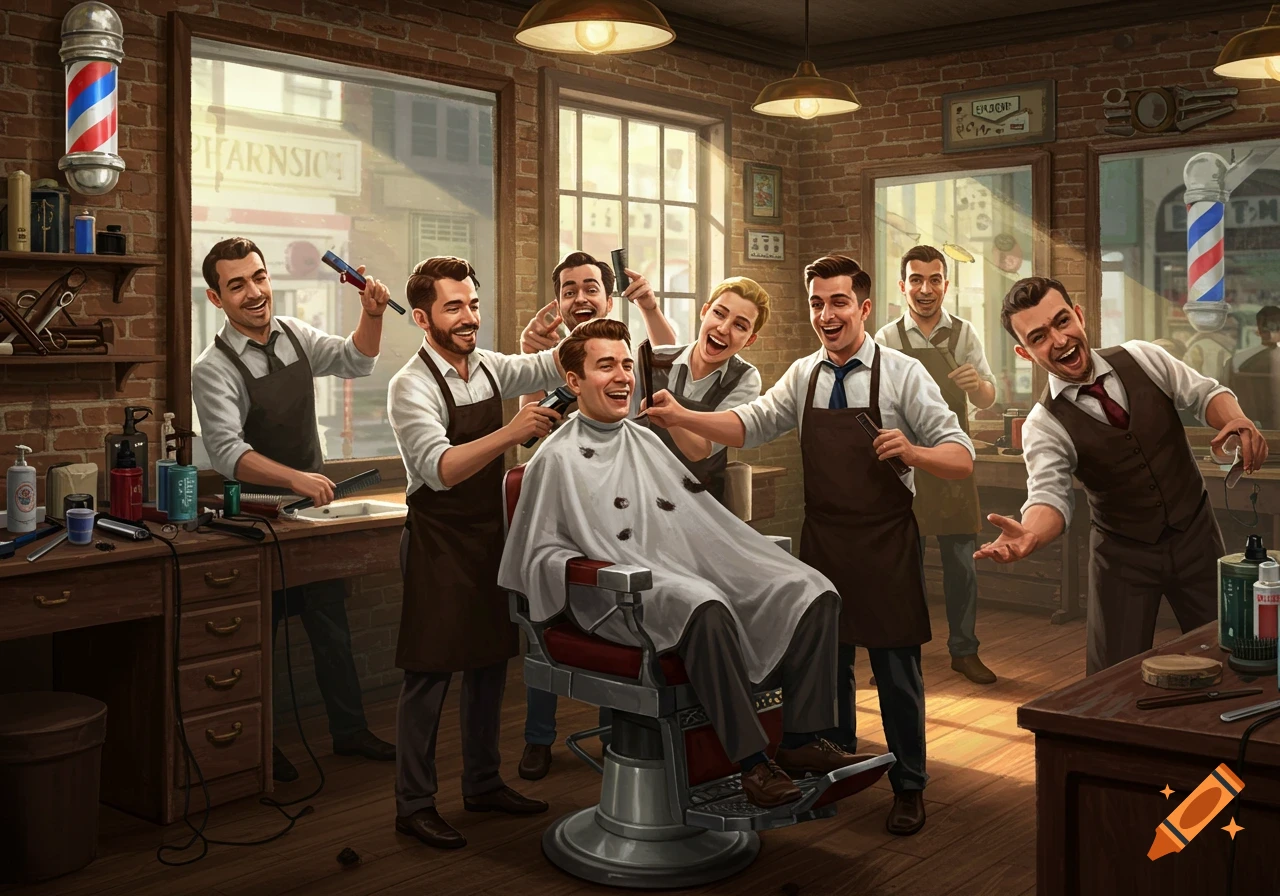 A lively barbershop scene with several barbers enthusiastically giving a man a haircut in a vintage-style shop.
