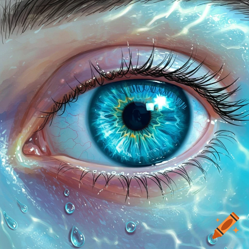 Close-up artistic illustration of a bright blue human eye surrounded by water ripples and droplets, evoking an 'ocean eyes' theme.