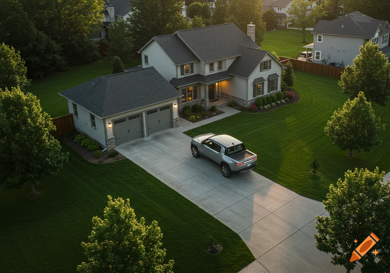 Aerial photorealistic view of a suburban house, detached garage, and a Rivian R1T truck backing out on a wide concrete driveway surrounded by green lawn and trees.