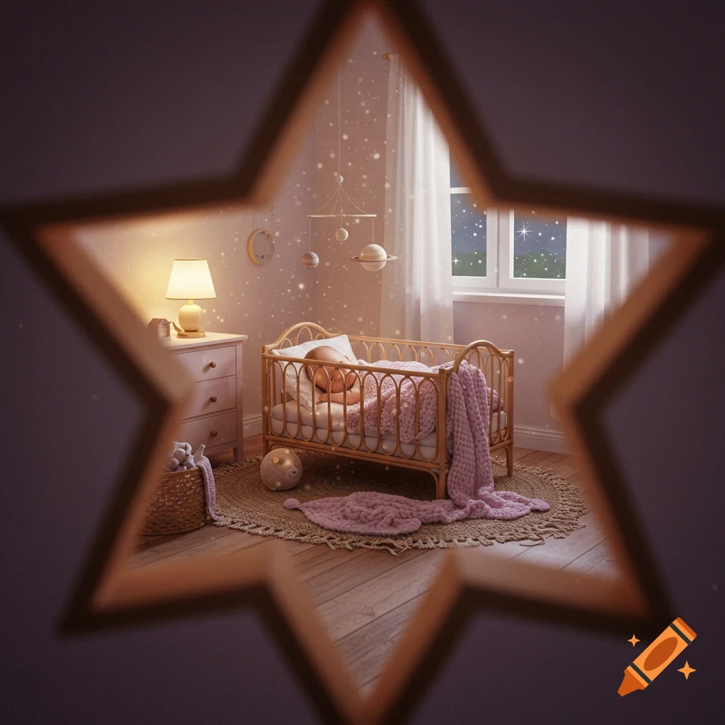 A sleeping baby in a rattan crib in a cozy nursery at night, viewed through a star-shaped opening.