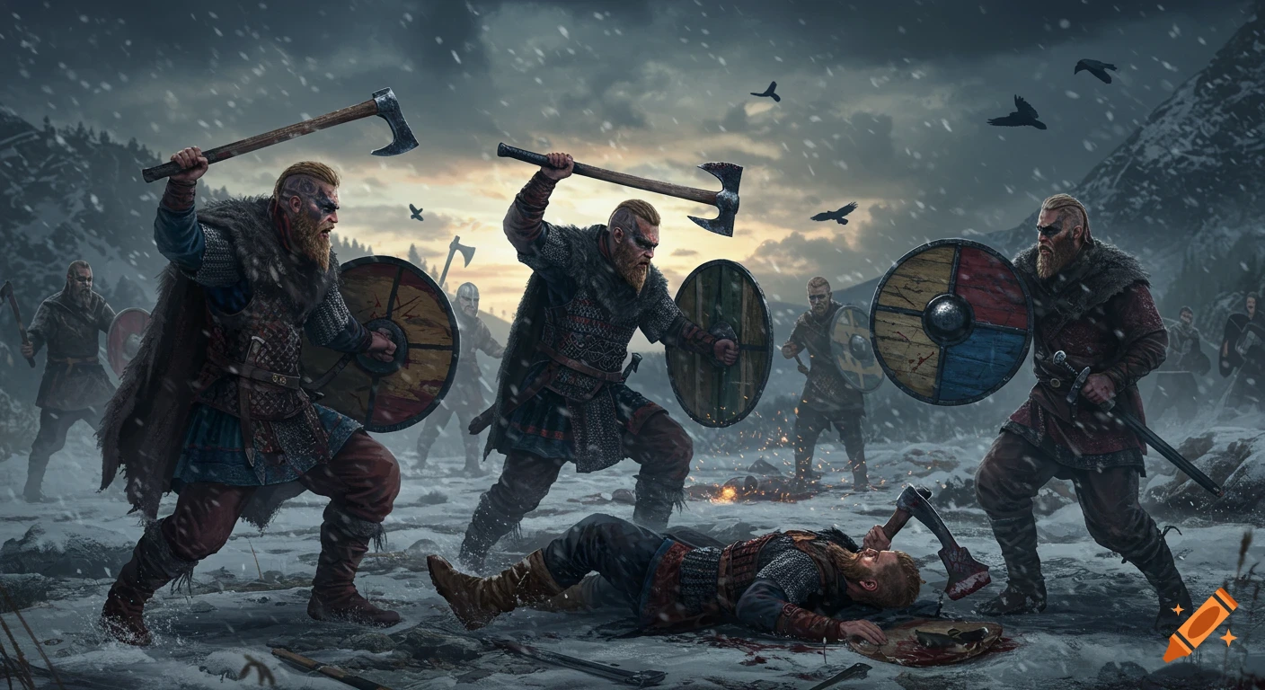 Hyper-realistic Viking battle scene in a snowy Nordic fjord at dawn, warriors with axes and shields fight, one fallen, ravens fly under a stormy sky.