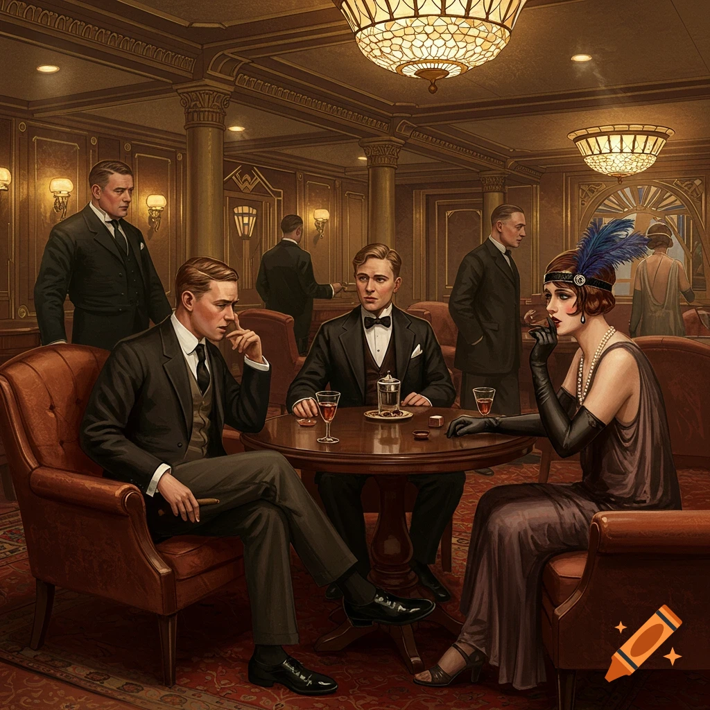 A group of men and a woman in 1920s attire socializes in a luxurious, wood-paneled smoking lounge with ornate chandeliers.