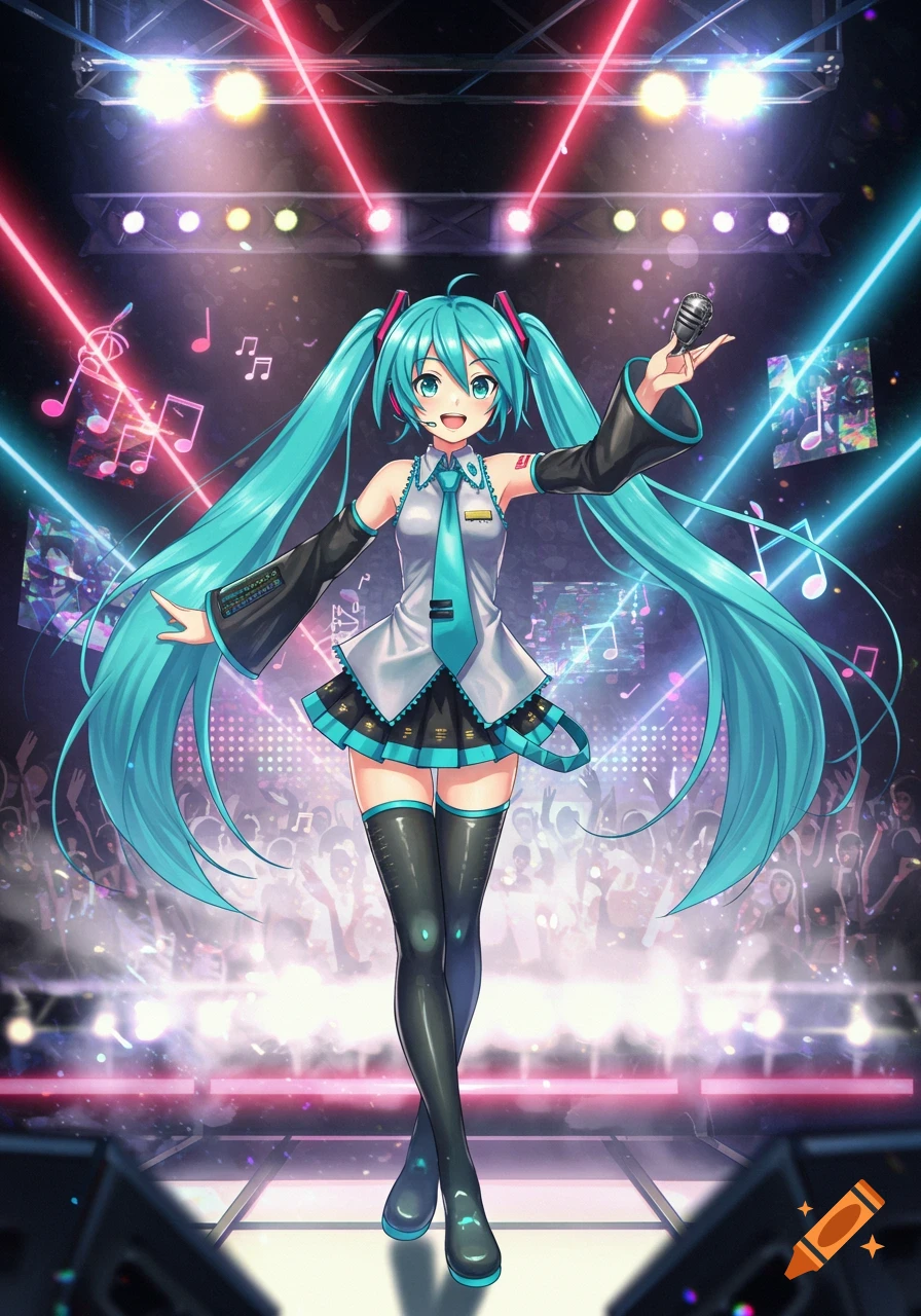 Hatsune Miku, an anime character with long turquoise pigtails, smiles and gestures while singing into a microphone on a vibrant concert stage with lights and a cheering crowd.