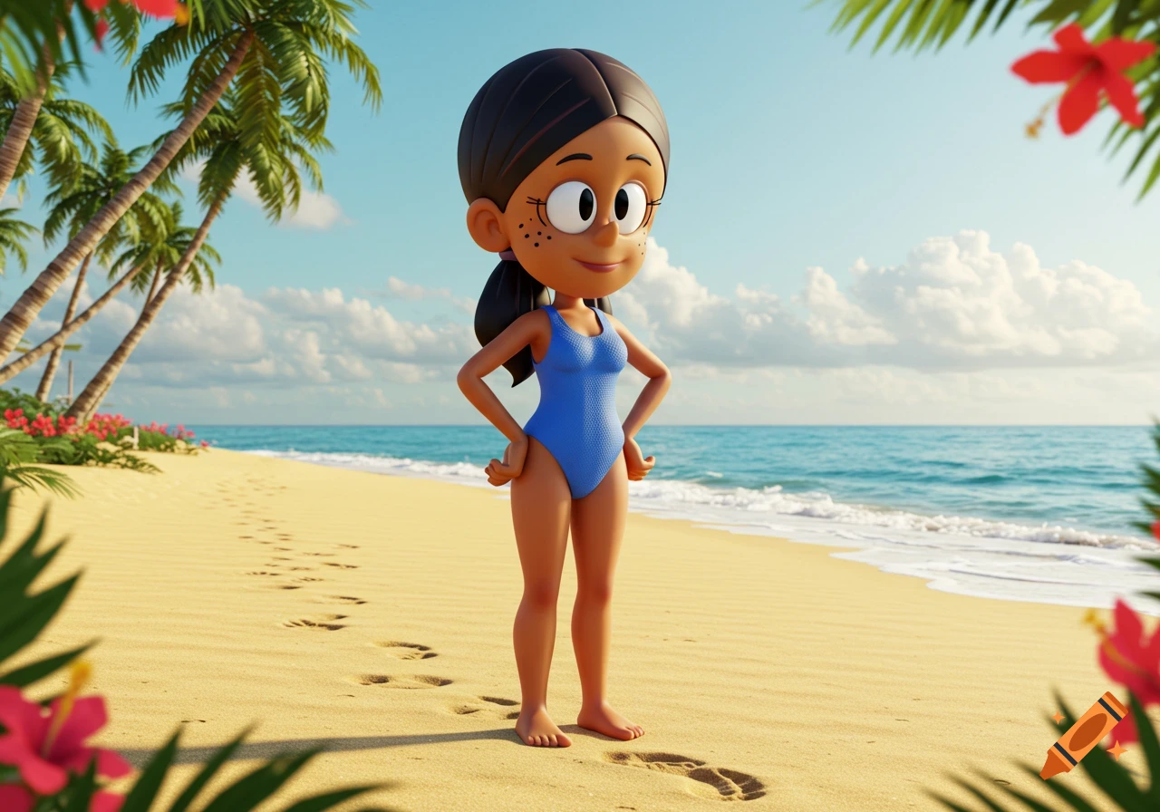 3D rendered Ronnie Anne in a blue swimsuit stands barefoot on a sunny beach with palm trees and the ocean.