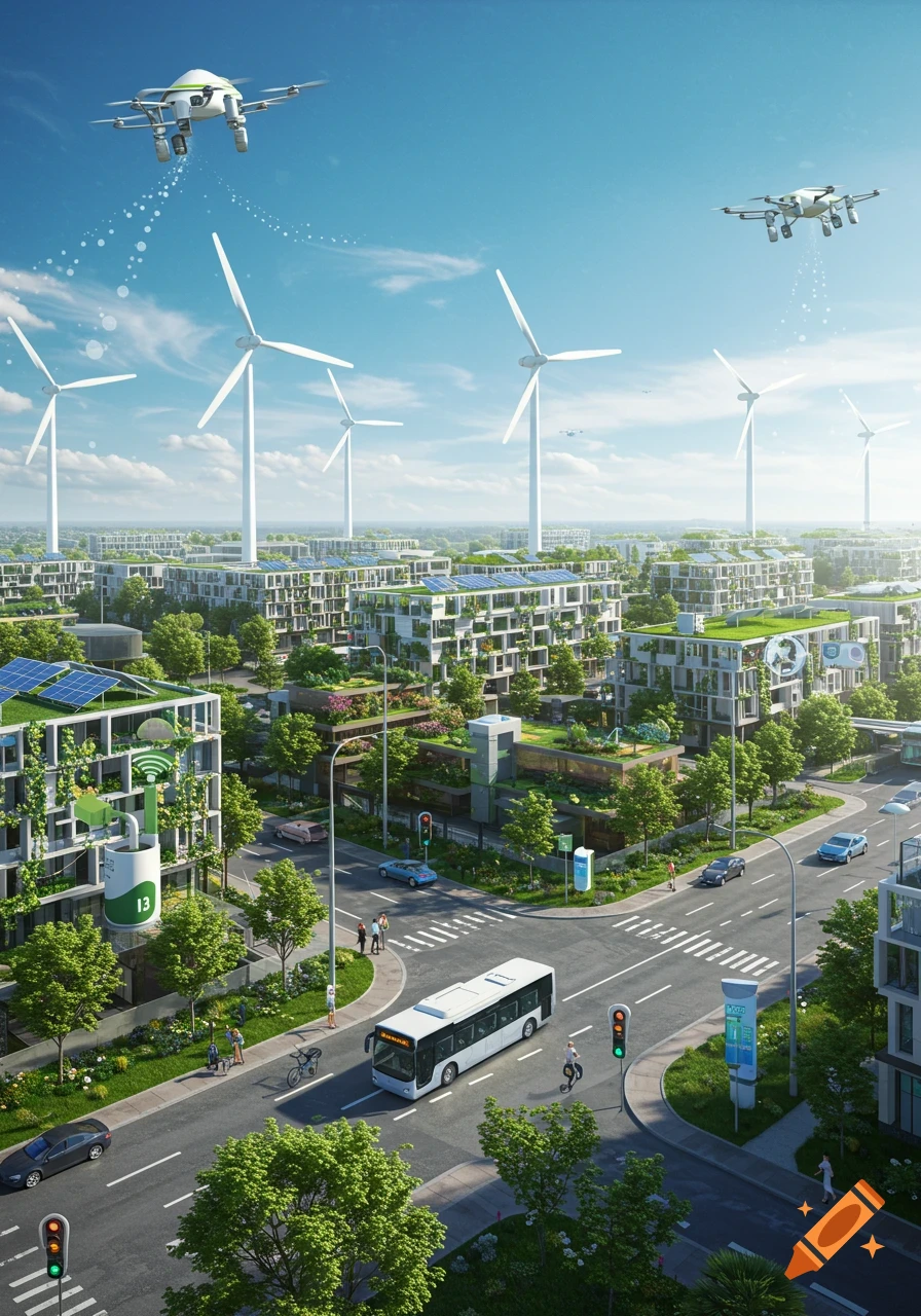 A futuristic green city with wind turbines, solar-paneled buildings, electric buses, and drones flying under a blue sky.
