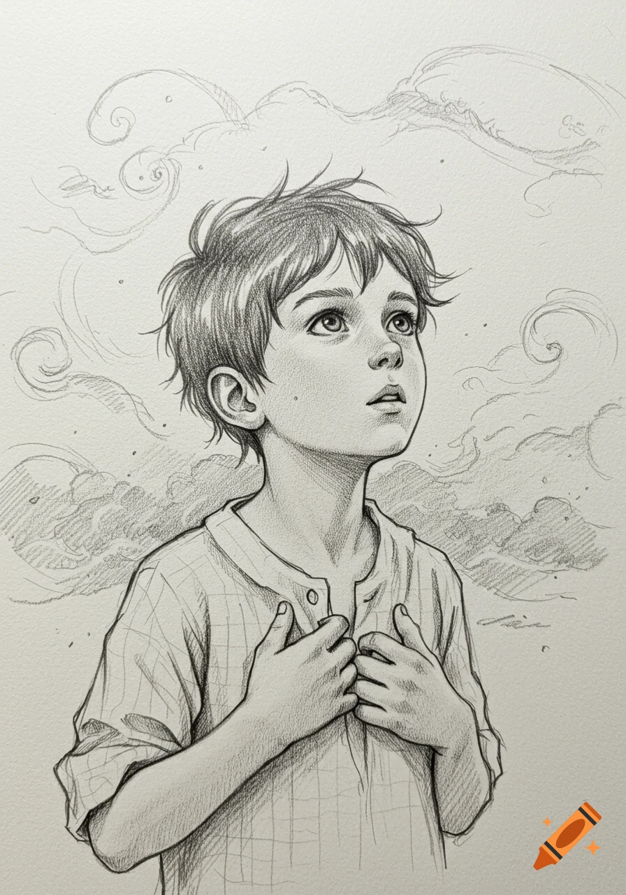 Pencil sketch of a young boy looking upwards with a pensive expression, hands clasped to his chest.