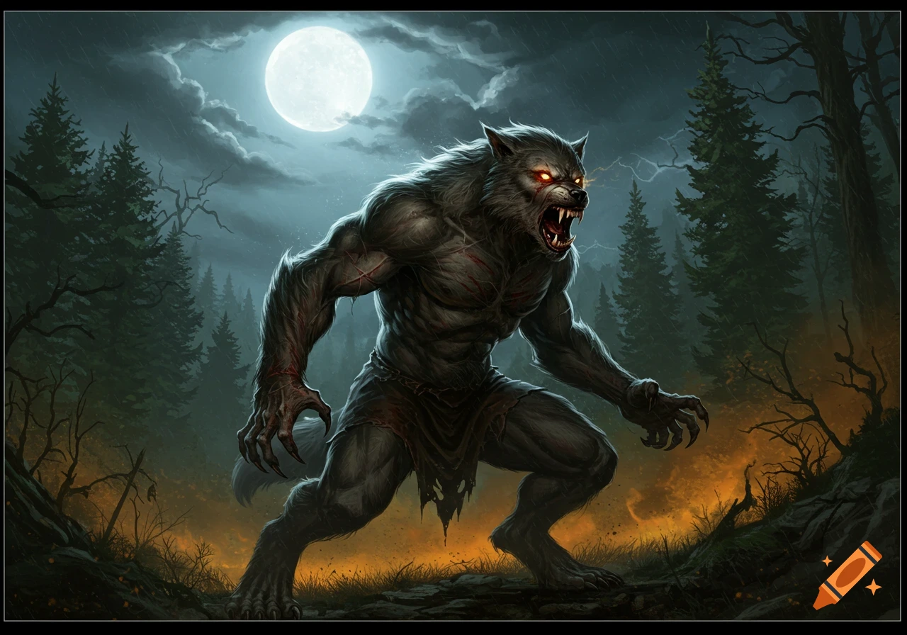 A muscular werewolf with glowing red eyes and bared fangs stands in a dark forest under a full moon.