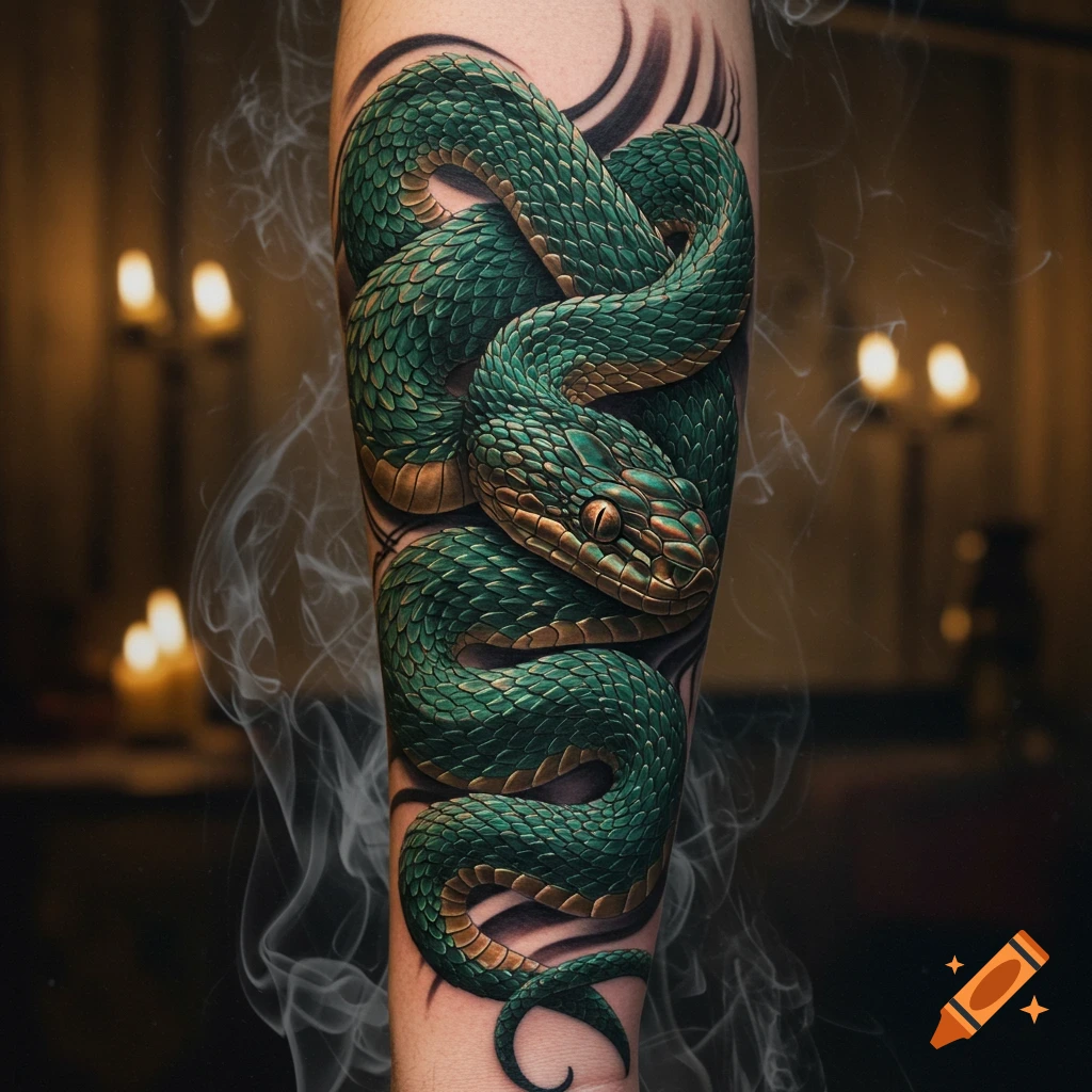 A detailed green snake with gold markings tattooed on a person's arm, with smoke wisps and blurred warm lights in the background.