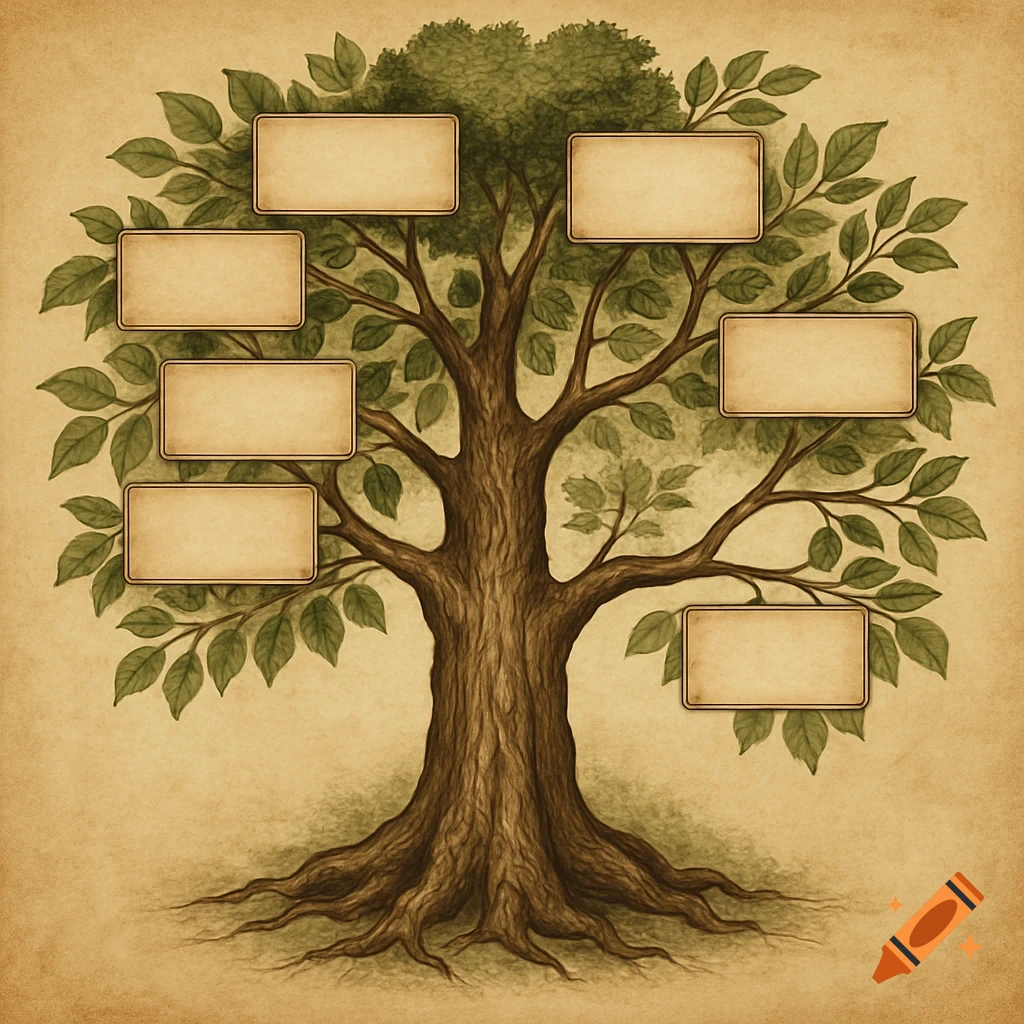 A stylized family tree template with a sturdy trunk, green leaves, and multiple blank rectangular frames on branches, set against an aged paper background.