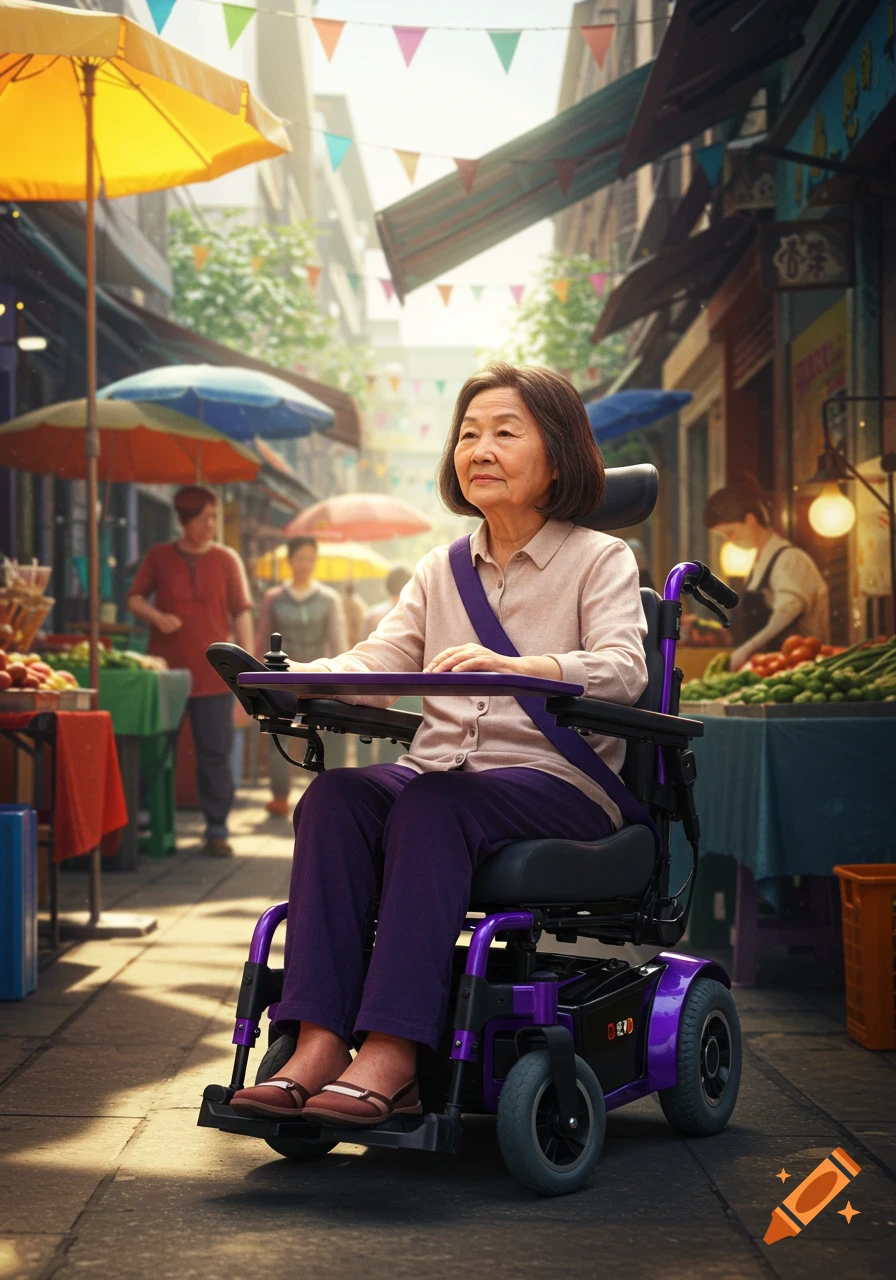An elderly Asian woman in a purple motorized wheelchair looks forward in a bustling outdoor marketplace under colorful banners.