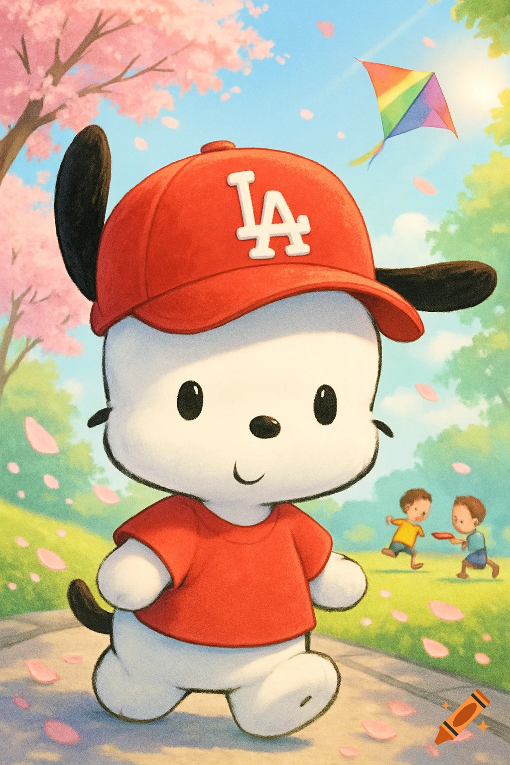 A cute cartoon white dog, Pochacco, wearing a red LA hat and red shirt, walks through a sunny park with cherry blossoms and playing children.