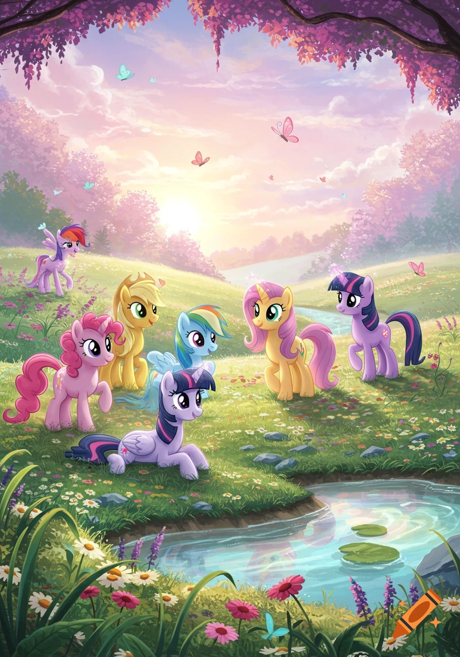 Colorful cartoon ponies in a vibrant fantasy meadow with a stream, flowers, and pink trees under a pastel sky.