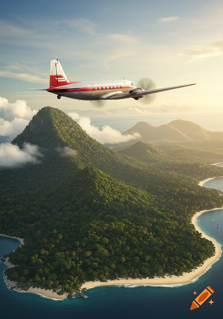 A red and white propeller plane flies over lush green tropical islands with sandy beaches and turquoise water at sunset.