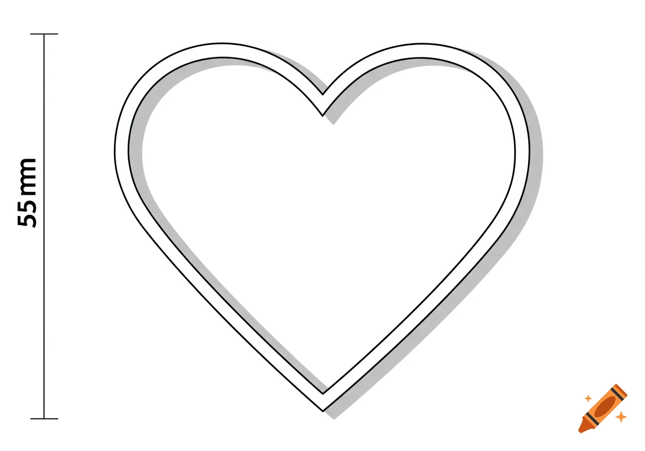A minimalist vector line drawing of a heart outline, with a dimension line on the left indicating a height of 55 mm.