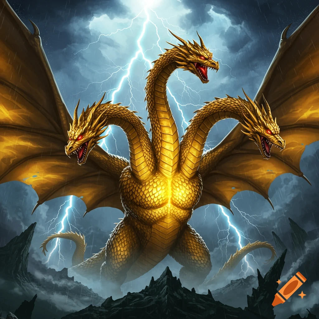 King Ghidorah, a golden three-headed dragon, soars powerfully in a stormy sky illuminated by bright lightning strikes.