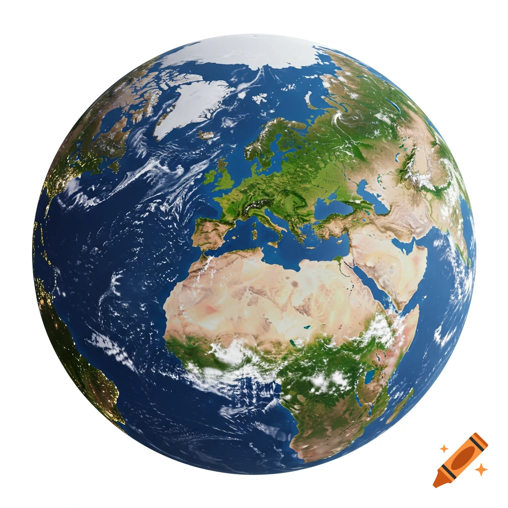 Planet Earth from space, centered on Europe and Africa, with a white background.