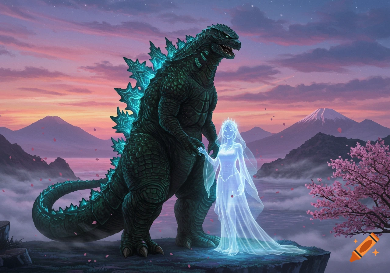 Godzilla holds hands with a glowing white ghost bride against a sunset over mountains with cherry blossoms.