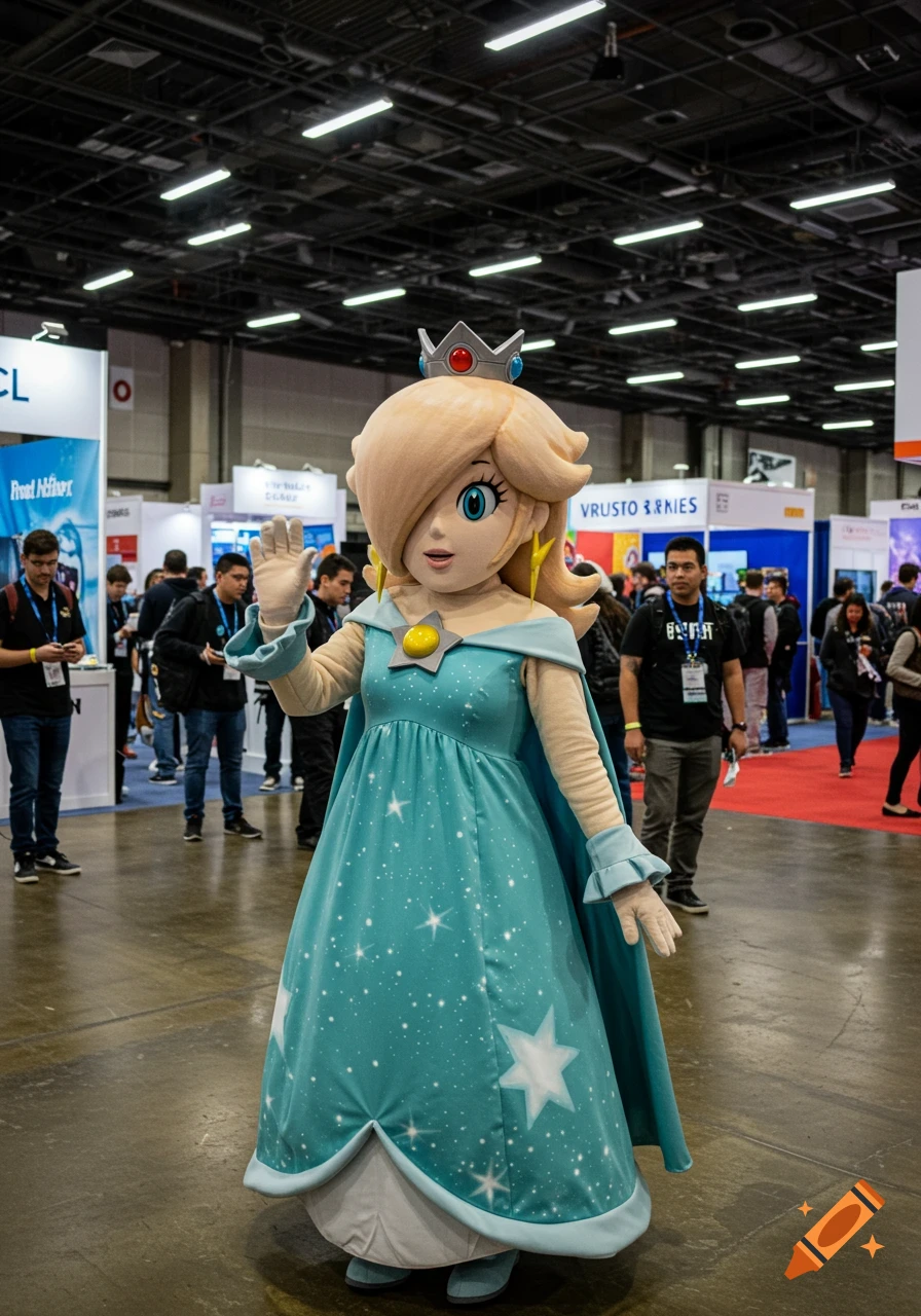 A person in a Rosalina mascot costume waves, standing amidst booths at a bustling trade show.