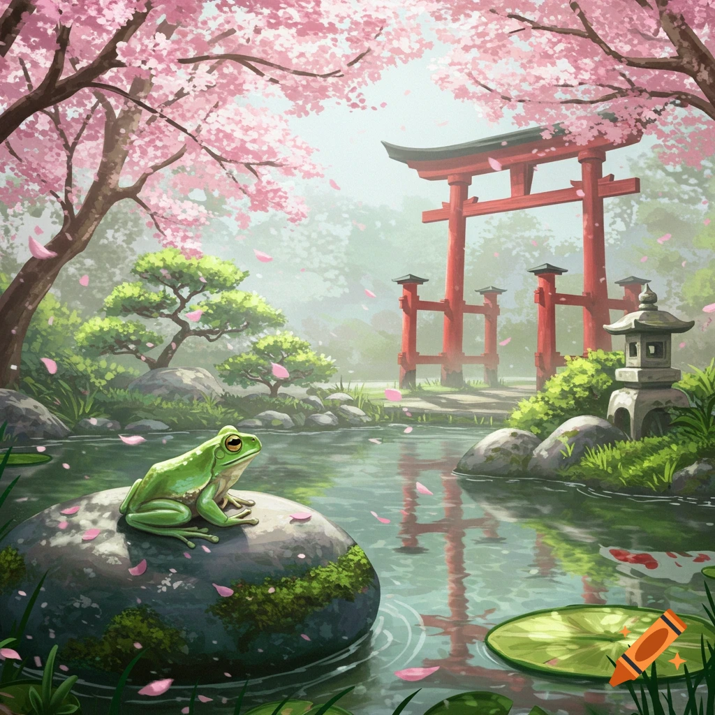 A vibrant green frog sits on a mossy rock in a serene Japanese garden with falling cherry blossoms and a red torii gate reflected in a pond.