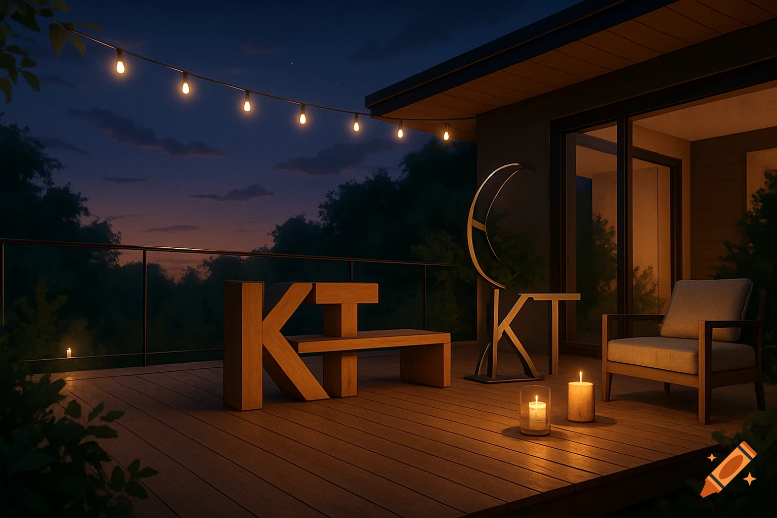 A modern deck at night with string lights, a 'KT' shaped bench, a 'KT' metal sculpture, and candles, overlooking trees.
