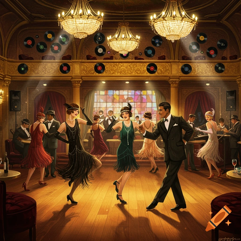 Vibrant illustration of people dancing in a 1920s club, featuring chandeliers, golden decor, and records on the wall.