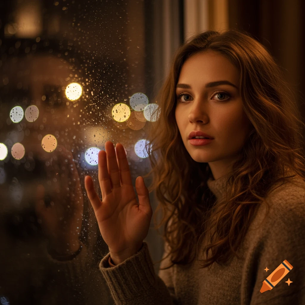 A young woman with curly hair looks out a rainy window at night, her hand pressed to the glass, with blurry city lights in the background.