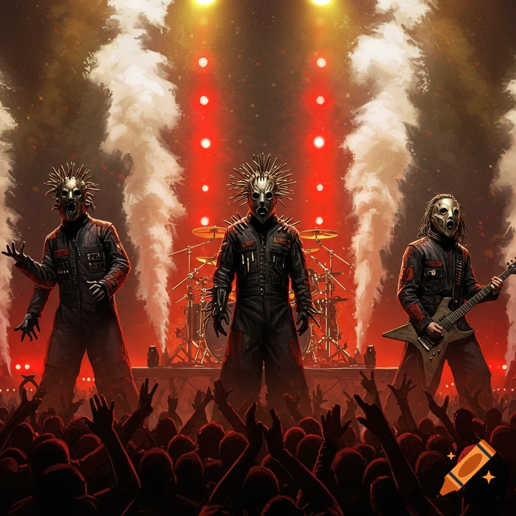 Three masked figures resembling a heavy metal band perform on a stage with red lights and smoke, a crowd cheering in the foreground.
