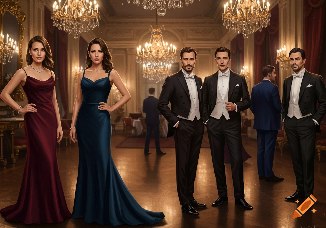 Two women in elegant gowns and four men in tuxedos pose in a grand ballroom with chandeliers.