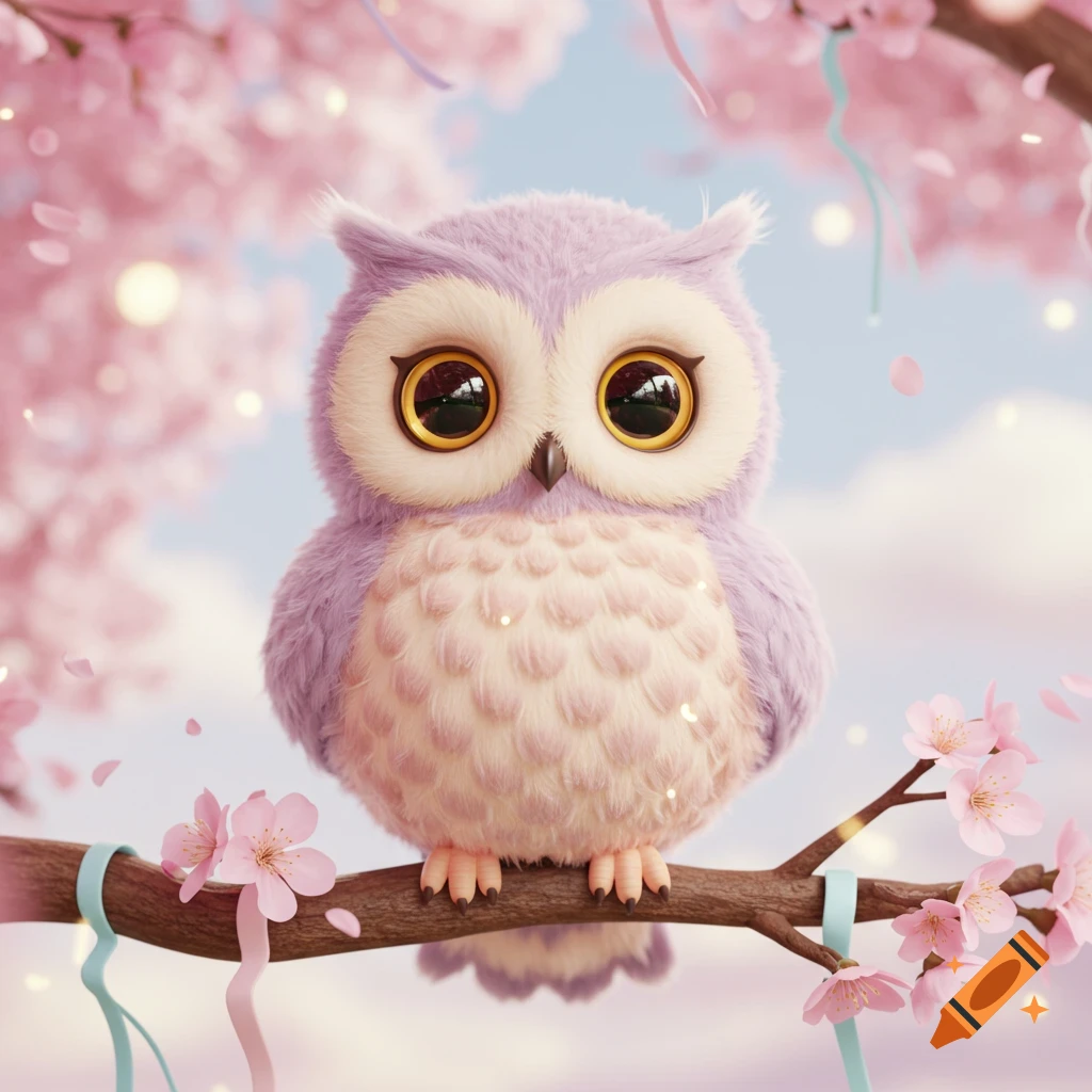 Fluffy lavender and pink owl with large golden eyes, perched on a branch with pink cherry blossoms and ribbons under a soft blue sky.